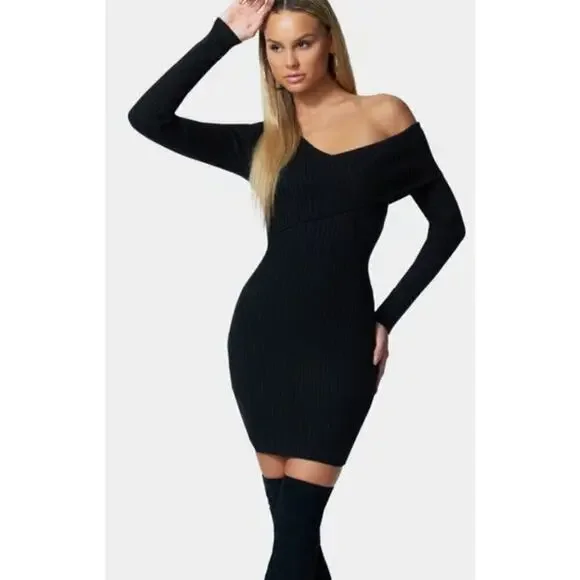 bebe | Dresses | Bebe Sweater Dress Ribbed Knit Asymmetrical Off The  Shoulder Bodycon Black Nwt L | Poshmark